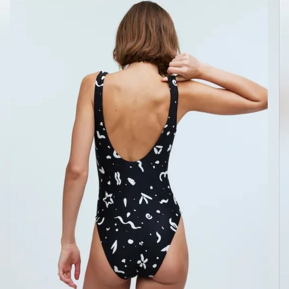 Madewell Scoop‑Neck One‑Piece Swimsuit • Abstract Doodle Print • Size Large - Picture 3 of 10